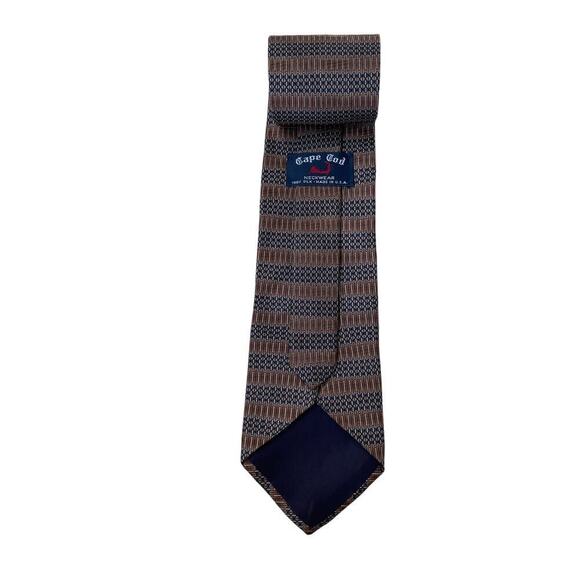 Vintage 80s 90s Cape Cod 100% Silk Tie | Brown & Navy Geometric Striped, USA - Picture 5 of 6